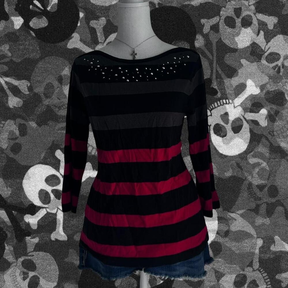 emo bedazzled red black charcoal grey striped rockstar top